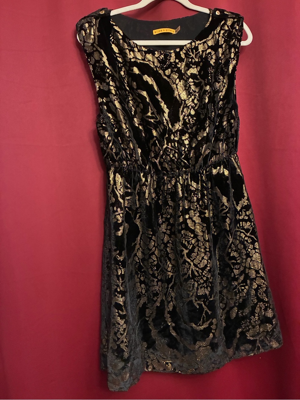 Alice + Olivia Black Gold Velvet Burnout Silk Blend Dress Medium